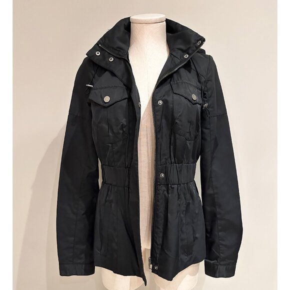 Black Casual Jacket Womans Size Small Full Zip Hidden Hood Elastic Waist - Picture 2 of 11